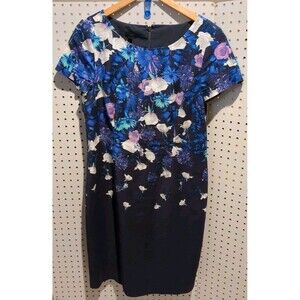 Talbot's Dress Size 12 Floral Black Purple Blue Short Sleeve Zip